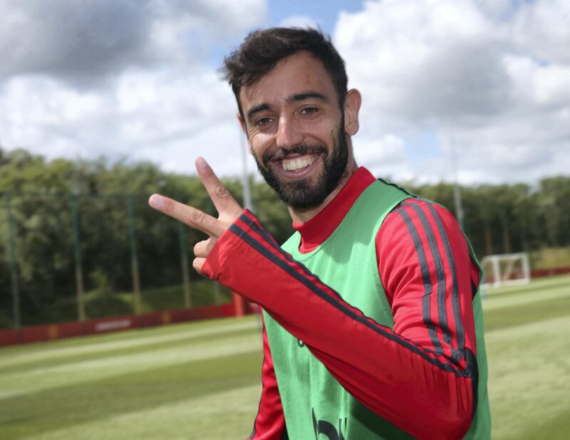 MANCHESTER, ENGLAND - JUNE 05: Bruno Fernandes of Manchester United in action during a first team training session at Aon Training Complex on June 05, 2020 in Manchester, England. (Photo by Matthew Peters/Manchester United via Getty Images)