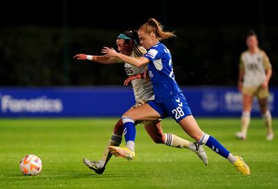 Leicester City's Erin Simon, left, and Everton's Karen Holmgaard battle for the ball during a Barclays Women's Super League match in Liverpool. PA