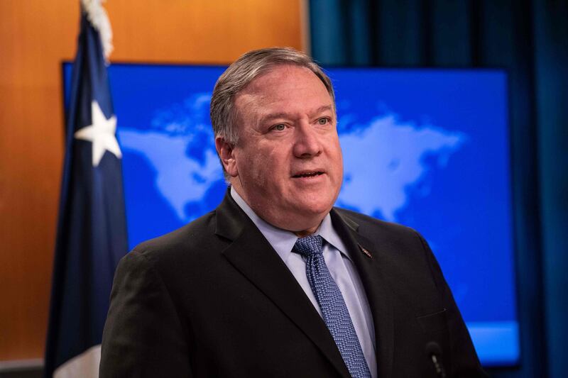 (FILES) In this file photo taken on June 21, 2019 US Secretary of State Mike Pompeo presents the 2018 International Religious Freedom Report at the State Department in Washington, DC. US Secretary of State Mike Pompeo said June 23, 2019 he will visit Saudi Arabia and the United Arab Emirates for talks on the crisis sparked by Iran's downing an American drone."We'll be talking with them about how to make sure that we are all strategically aligned and how we can build out a global coalition" on Iran, he said.
 / AFP / NICHOLAS KAMM
