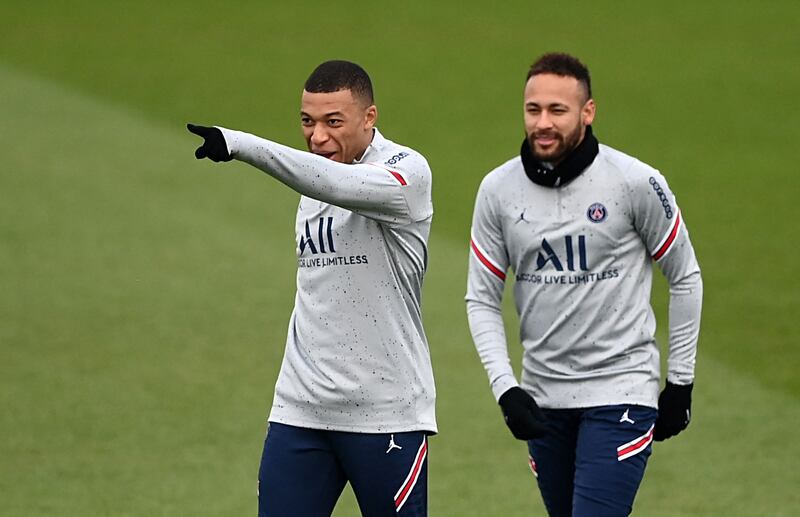 Paris Saint-Germain's Kylian Mbappe and Neymar during training ahead of their game against Rennes on Friday, February 11. AFP