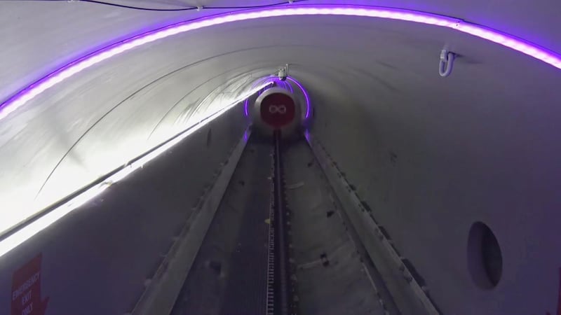 A view of the Virgin Hyperloop pod moving along a track at their DevLoop test site in Las Vegas, Nevada. Reuters