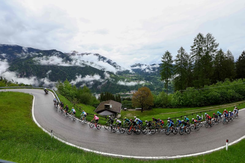 The pack rides on Passo del Brocon during the 159km Stage 17. AFP