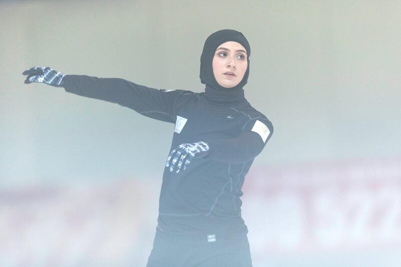 Abu Dhabi, United Arab Emirates, August 24, 2017:    Zahra Lari, an Emirati figure skater who is working towards qualifying for the 2018 Winter Olympics, trains at the Ice Rink in the Zayed Sports City area of Abu Dhabi on August 24, 2017. Christopher Pike / The National

Reporter: Amith Passela
Section: Sport