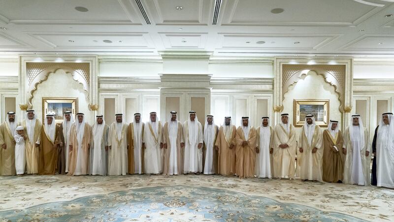(L-R) Sheikh Mohammed bin Saif, Sheikh Khalifa bin Saif, Sheikh Rashid bin Hamdan, Sheikh Omar bin Zayed, Deputy Chairman of the Board of Trustees of Zayed bin Sultan Al Nahyan Charitable and Humanitarian Foundation, Sheikh Saif bin Zayed, Deputy Prime Minister and Minister of Interior, Sheikh Mohammed bin Butti, Sheikh Saeed bin Mohammed, Sheikh Nahyan bin Zayed, Chairman of the Board of Trustees of Zayed bin Sultan Al Nahyan Charitable and Humanitarian Foundation, Dr Sheikh Sultan bin Khalifa, Advisor to the UAE President, Sheikh Saeed bin Saif, Sheikh Mohammed bin Zayed, Crown Prince of Abu Dhabi and Deputy Supreme Commander of the UAE Armed Forces, Sheikh Tahnoon bin Saeed, Sheikh Tahnoon bin Mohammed, Ruler's Representative of the Eastern Region of Abu Dhabi, Sheikh Saif bin Mohammed, Sheikh Suroor bin Mohammed, Sheikh Mansour bin Zayed Al Nahyan, UAE Deputy Prime Minister and Minister of Presidential Affairs, Sheikh Ahmed bin Saif, Ahmed bin Suroor Al Dhaheri, Sheikh Nahyan bin Mubarak, Minister of State for Tolerance and Sheikh Humaid bin Ahmed, stand for a photograph during a wedding, at Emirates Palace. Rashed Al Mansoori / Crown Prince Court - Abu Dhabi