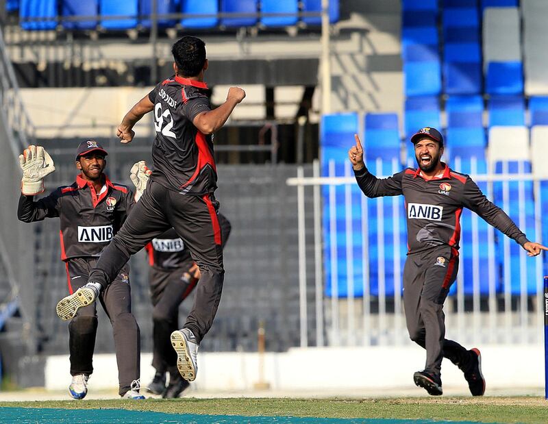 Sharjah, December, 08 2019: Junaid Siddique of UAE celebrates after dismissing Steven Taylor of USA during the ICC Men's Cricket World Cup League 2 match at the Sharjah Cricket Stadium in Sharjah . Satish Kumar/ For the National / Story by Paul Radley