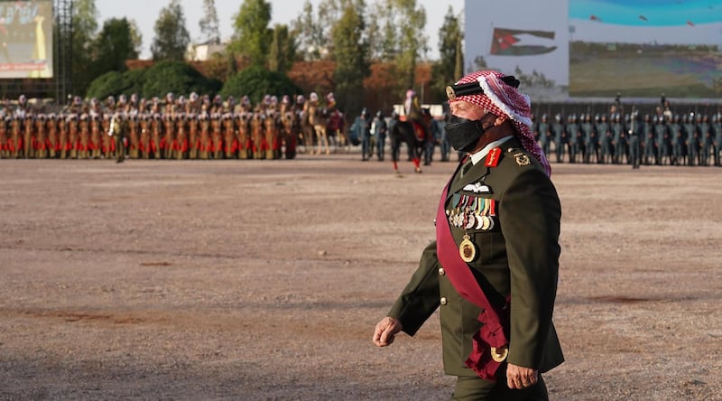  King Abdullah II, the Supreme Commander of the Jordan Armed Forces-Arab Army, accompanied by Crown Prince Al Hussein, attends JAF and security agencies’ ceremony marking the state’s centennial. Courtesy Royal Hashemite Court