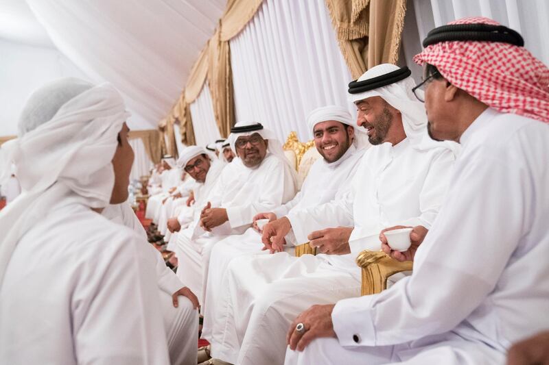 BANIYAS, ABU DHABI, UNITED ARAB EMIRATES - September 15, 2019: HH Sheikh Mohamed bin Zayed Al Nahyan, Crown Prince of Abu Dhabi and Deputy Supreme Commander of the UAE Armed Forces (2nd R), offers condolences to the family of martyr Warrant Officer Saleh Hassan Saleh bin Amro.


( Hamad Al Kaabi / Ministry of Presidential Affairs )​
---