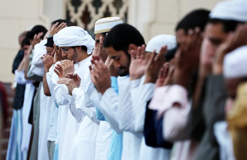DUBAI, UNITED ARAB EMIRATES, August 21 – 2018 :- People during the Eid Al Adha prayers at the Jumeirah Mosque in Dubai. ( Pawan Singh / The National )  For News. Story by Nawal