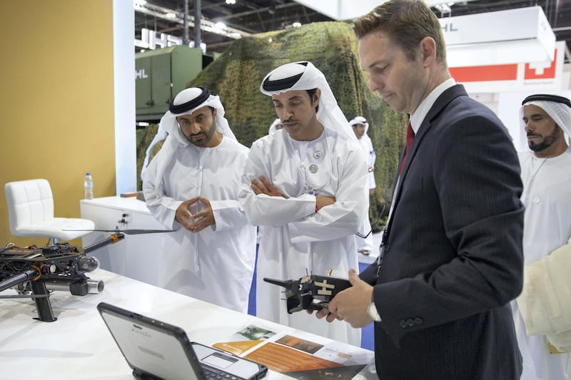 ABU DHABI, UNITED ARAB EMIRATES - February 16, 2019: HH Sheikh Hazza bin Zayed Al Nahyan, Vice Chairman of the Abu Dhabi Executive Council (C), tours the 2019 International Defence Exhibition and Conference (IDEX), at Abu Dhabi National Exhibition Centre (ADNEC).

( Mohamed Al Bloushi )
---