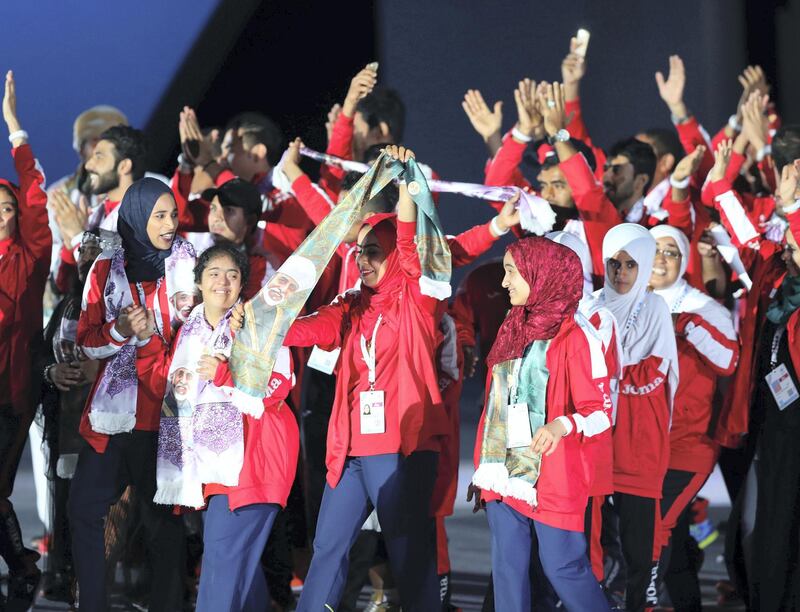 Abu Dhabi, United Arab Emirates - March 17th, 2018: Athletes enter. The Opening Ceremony of the Special Olympics Regional Games. Saturday, March 17th, 2018. ADNEC, Abu Dhabi. Chris Whiteoak / The National