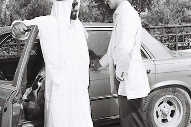 Photograph from the Itihad archive showing Shiekh Zayed greeting his son Shiekh Mohammed (now Crown prince) on his graduation from Sandhurst militray academy in the UK. Photograph from the Itihad archive showing Shiekh Zayed greeting his son Shiekh Mohammed (now Crown prince) on his graduation from Sandhurst militray academy in the UK in 1979. *** Local Caption *** 000003.JPG