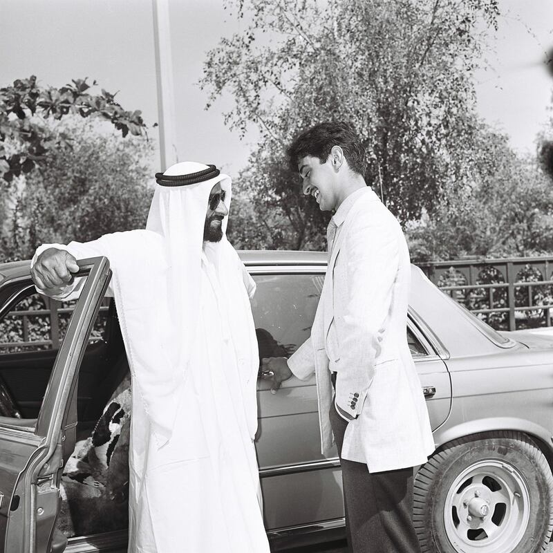 Photograph from the Itihad archive showing Shiekh Zayed greeting his son Shiekh Mohammed (now Crown prince) on his graduation from Sandhurst militray academy in the UK.  Photograph from the Itihad archive showing Shiekh Zayed greeting his son Shiekh Mohammed (now Crown prince) on his graduation from Sandhurst militray academy in the UK in 1979.  *** Local Caption ***  000003.JPG