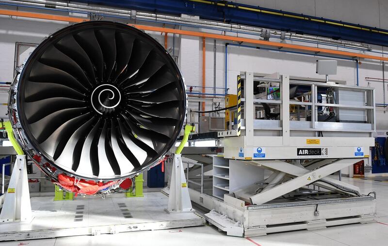FILE PHOTO: Rolls Royce Trent XWB engines, designed specifically for the Airbus A350 family of aircraft, are seen on the assembly line at the Rolls Royce factory in Derby, November 30, 2016.  REUTERS/Paul Ellis/Pool/File Photo