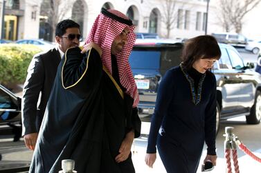 Saudi Deputy Minister of Defence Khalid bin Salman Al Saud arrives for a private meeting with Secretary of State Mike Pompeo at the Department of State in Washington, Monday, January 6, 2020. AP Photo/Jose Luis Magana