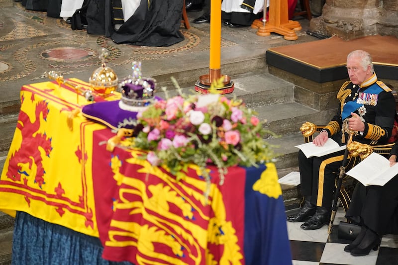 King Charles III in Westminster Abbey for the state funeral of his mother, Queen Elizabeth II. PA