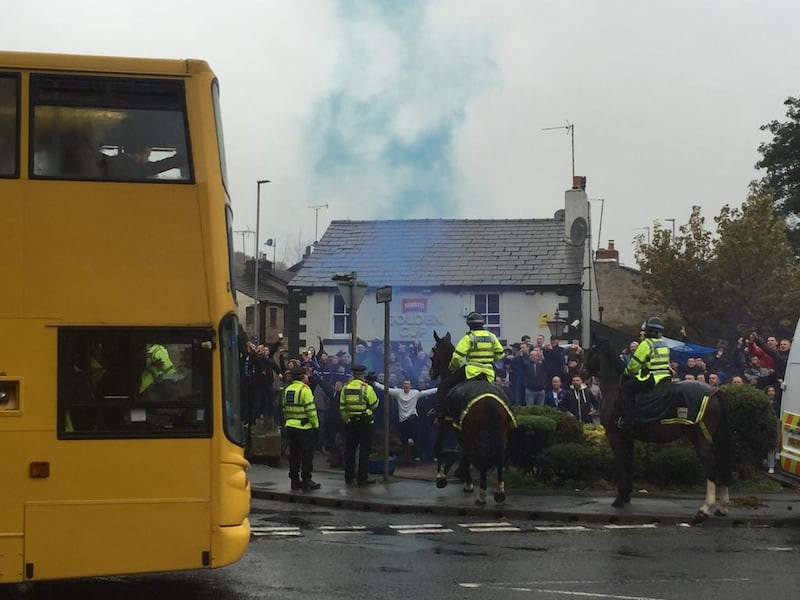 Police on horseback marshal football fans ahead of the Blackburn v Burnley match. Courtesy: Andy Mitten