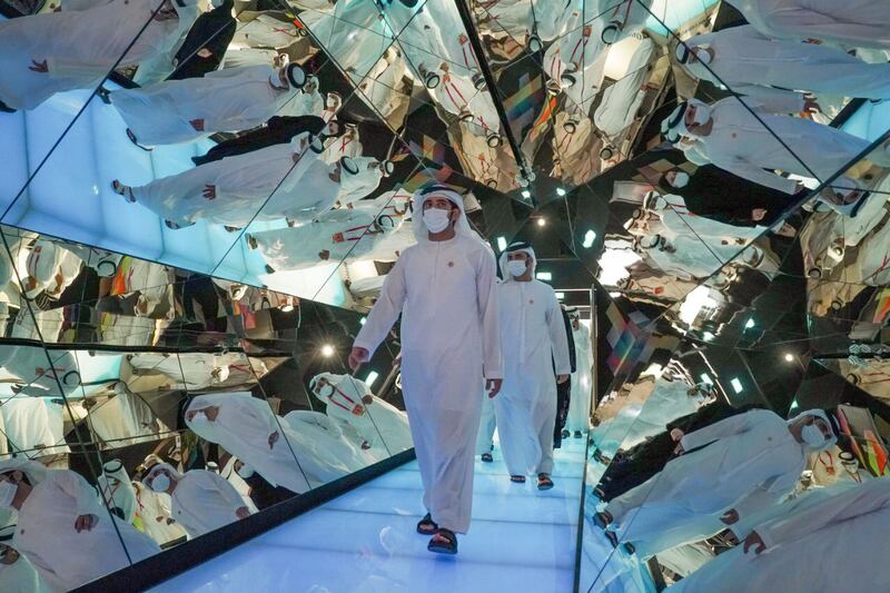 Entering the pavilion, Sheikh Hamdan travelled along a corridor covered in mirrors that act as a kaleidoscope.