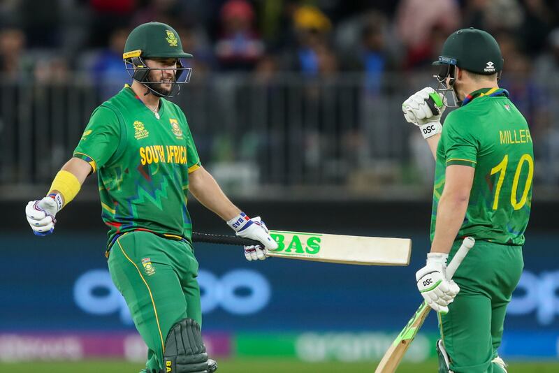 David Miller, right, and Wayne Parnell of South Africa celebrate after beating India in the T20 World Cup Group 2 match at Perth Stadium on October 30, 2022. AP 