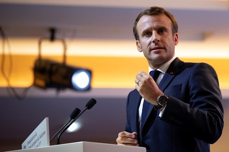 epa07958743 French President Emmanuel Macron delivers a speech at the official inauguration of the Centre Europeen Du Judaisme (European Judaism Center), in Paris, France, 29 October 2019.  EPA-EFE/IAN LANGSDON / POOL