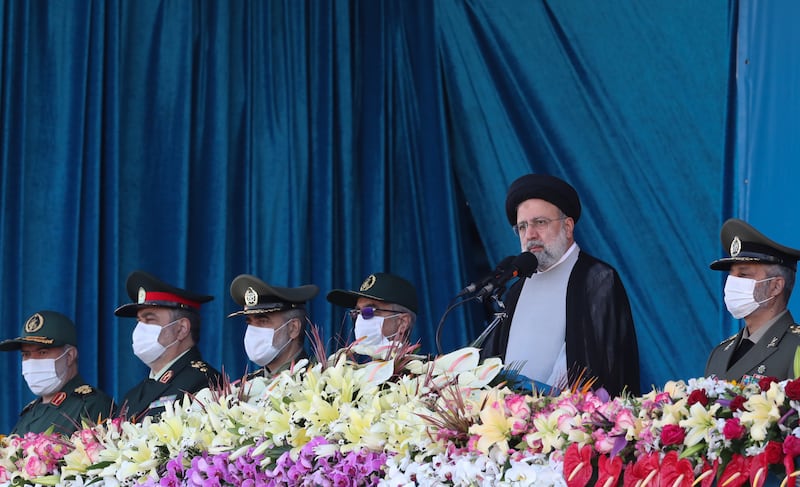 Iranian President Ebrahim Raisi speaking during celebrations marking the annual National Army Day in Tehran.  EPA
