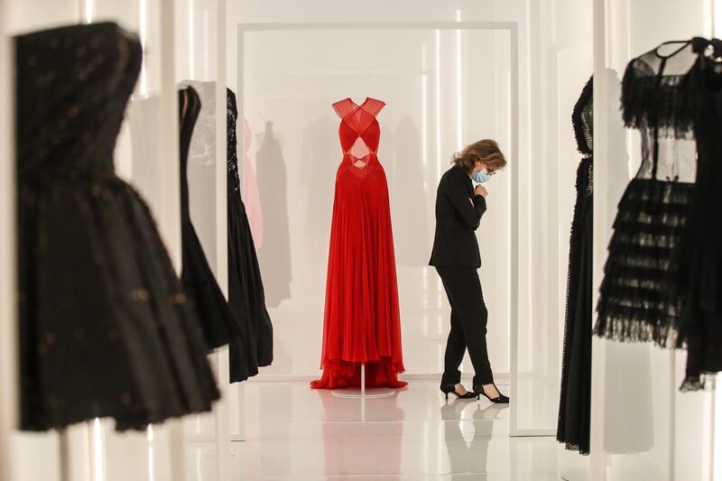 Creations designed by Tunisian fashion designer Azzedine Alaia, centre, are displayed during the 'Alaia et Balenciaga - Sculpteurs de la forme' exhibition at Azzedine Alaia Foundation in Paris, France. The 2020 Paris Fashion Week runs from September 28 to October 6. EPA