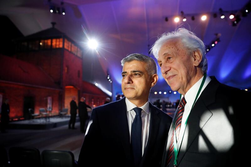 Mayor of London Sadiq Khan and Jozef Wanger, member of the Auschwitz-Birkenau Foundation, are pictured ahead of ceremonies marking the 75th anniversary of the liberation of the camp and International Holocaust Victims Remembrance Day on the site of the former Nazi German concentration and extermination camp Auschwitz II-Birkenau in Brzezinka near Oswiecim, Poland, January 27, 2020. Reuters