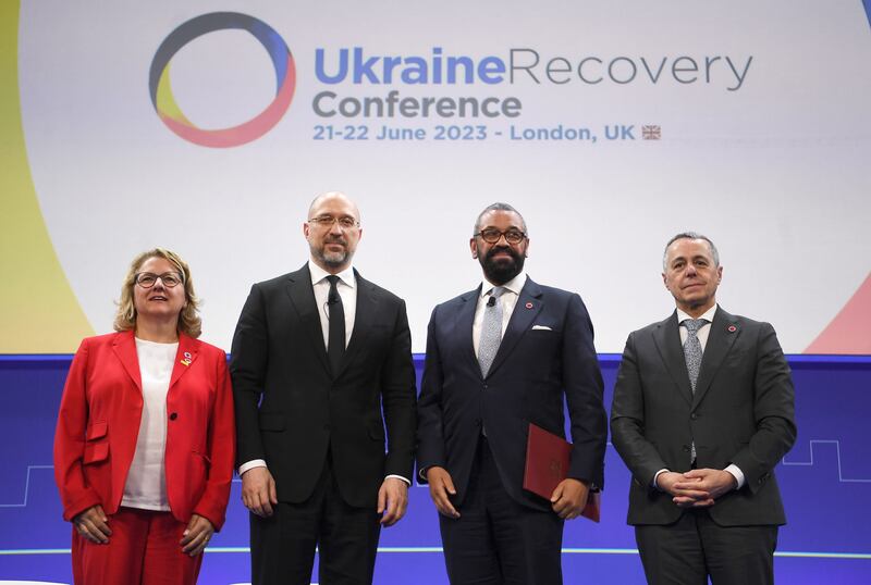 From left, German Minister for Economic Co-operation and Development Svenja Schulze, Ukrainian Prime Minister Denys Shmyhal, British Foreign Secretary James Cleverly and Swiss Foreign Minister Ignazio Cassis at the Ukraine Recovery Conference in London. EPA