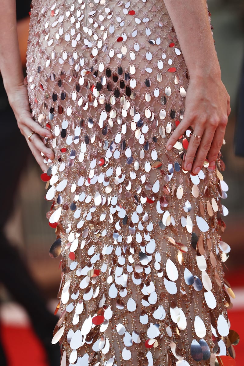 A close up of Maya Hawke's mermaid-like Versace gown. Getty Images