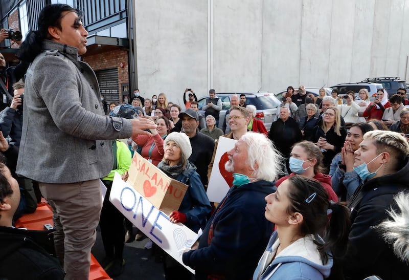 Mosque shooting survivor Abdul Aziz thanks supporters outside the Christchurch High Court after the sentencing hearing for Australian Brenton Harrison Tarrant, in Christchurch, New Zealand. AP Photo