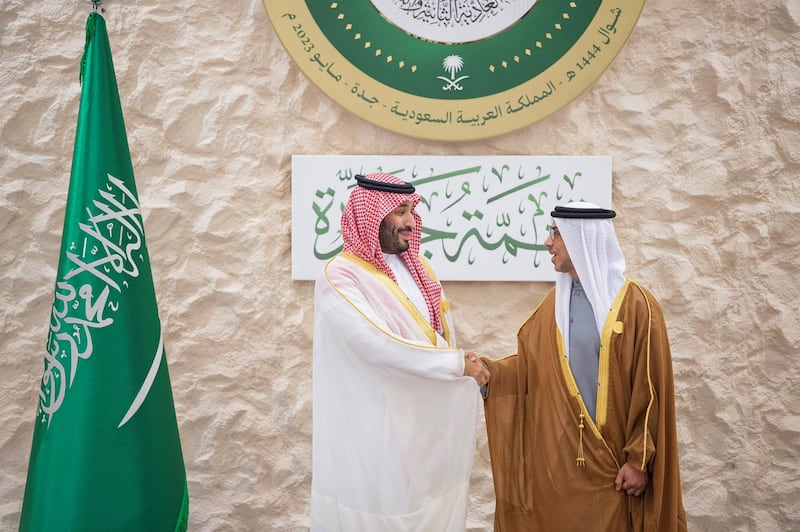 Sheikh Mansour bin Zayed, Vice President, Deputy Prime Minister and Minister of the Presidential Court, with Prince Mohammed in Jeddah. Reuters