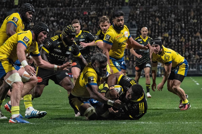 La Rochelle's Georges-Henri Colombe Reazel scores a try during the French Top14 rugby union match against ASM Clermont Auvergne at the Marcel-Deflandre Stadium in La Rochelle, western France. AFP