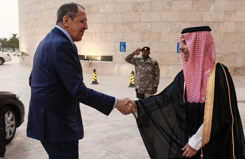 A handout photo made available by the press service of the Russian Foreign Affairs Ministry shows Russian Foreign Minister Sergei Lavrov (L) and Saudi Arabia's Minister of Foreign Affairs Prince Faisal bin Farhan Al Saud (R) shaking hands during their meeting in Riyadh, Saudi Arabia, 31 May 2022.  Russian Foreign Minister is on a working visit to Saudi Arabia.   EPA / RUSSIAN FOREIGN AFFAIRS MINISTRY  /  HANDOUT MANDATORY CREDIT HANDOUT EDITORIAL USE ONLY / NO SALES