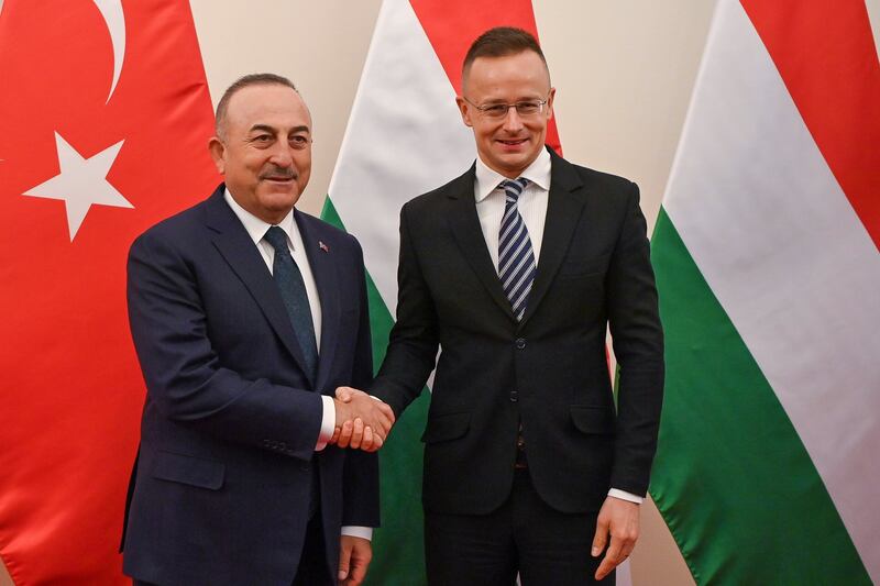 Hungarian Minister of Foreign Affairs and Trade Peter Szijjarto, right, receives Turkish Foreign Minister Mevlut Cavusoglu in Budapest on January 31. EPA