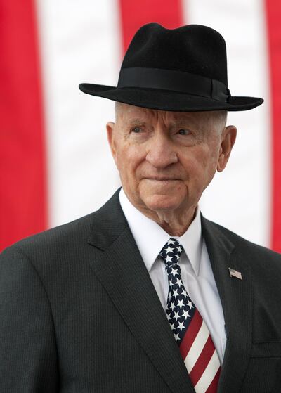 H. Ross Perot, an honorary member of the Special Forces regiment, stands in front of a statue (not shown) he commissioned and donated to the U.S. Army John F. Kennedy Special Warfare Center and School in Fort Bragg, North Carolina, U.S., April 5, 2012. Picture taken on April 5, 2012.    Courtesy Russell Klika/U.S. Army/John F. Kennedy Special Warfare Center and School/Handout via REUTERS   ATTENTION EDITORS - THIS IMAGE HAS BEEN SUPPLIED BY A THIRD PARTY.