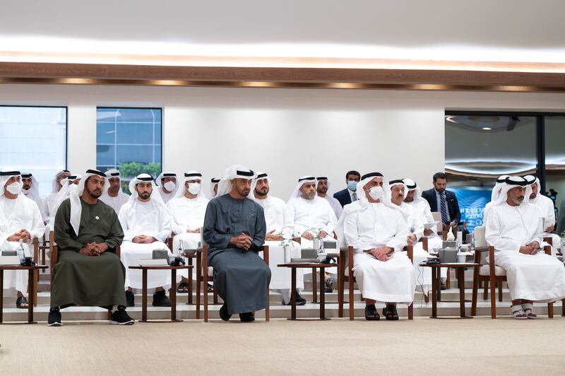 From left, Sheikh Hamdan bin Zayed, Ruler’s Representative in Al Dhafra Region, Sheikh Mohamed bin Zayed, Crown Prince of Abu Dhabi and Deputy Supreme Commander of the  Armed Forces, Sheikh Saif bin Zayed, Deputy Prime Minister and Minister of Interior, and Sheikh Saeed bin Hamdan, Commander of the UAE Naval Forces, attend the lecture. Mohamed Al Hammadi / Ministry of Presidential Affairs