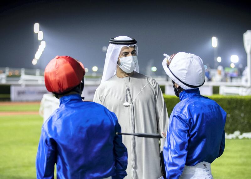 DUBAI, UNITED ARAB EMIRATES. 25 FEBRUARY 2021. 
Horse trainer is Saeed bin Suroor moments before his Jockey Lanfranco Dettori on Volcanic Sky wins the Nad Al Sheba Trophy race,  2810M Turf, at Meydan Racecourse. 

Photo: Reem Mohammed / The National
Reporter: Amith Passala
Section: SP