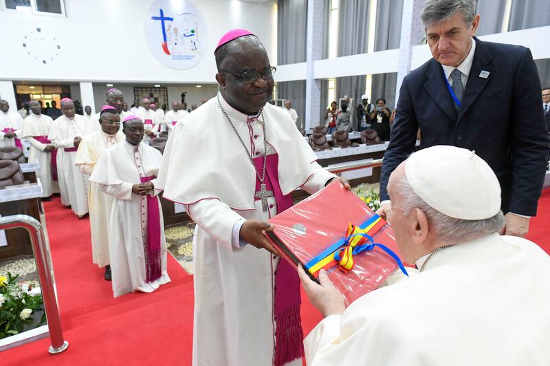 Pope Francis meets Roman Catholic bishops of the National Episcopal Conference of Congo, in Kinshasa. Reuters