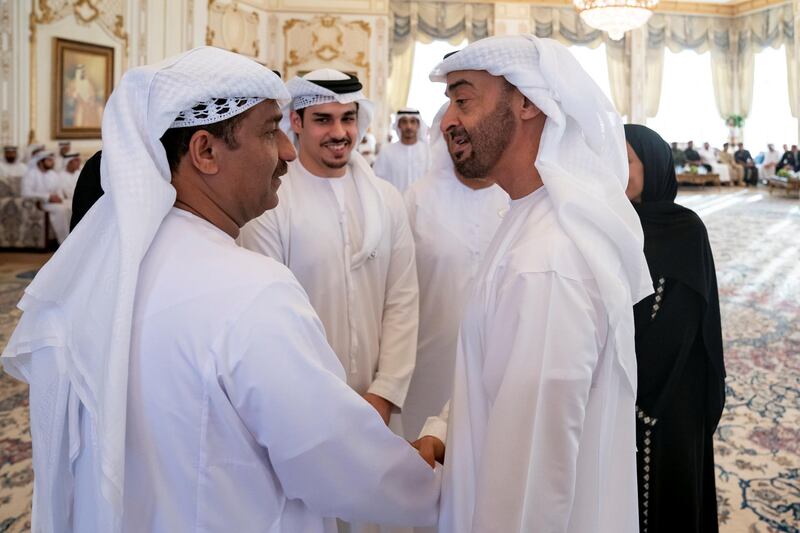 ABU DHABI, UNITED ARAB EMIRATES - July 01, 2019: HH Sheikh Mohamed bin Zayed Al Nahyan, Crown Prince of Abu Dhabi and Deputy Supreme Commander of the UAE Armed Forces (R) receives Ahmed Al Hosani (2nd L), a student who achieved the highest German ‘Abitur’ examination certificate in high schools across the world. Seen with Khaled Al Hosani (L).

( Hamad Al Kaabi / Ministry of Presidential Affairs )​
---