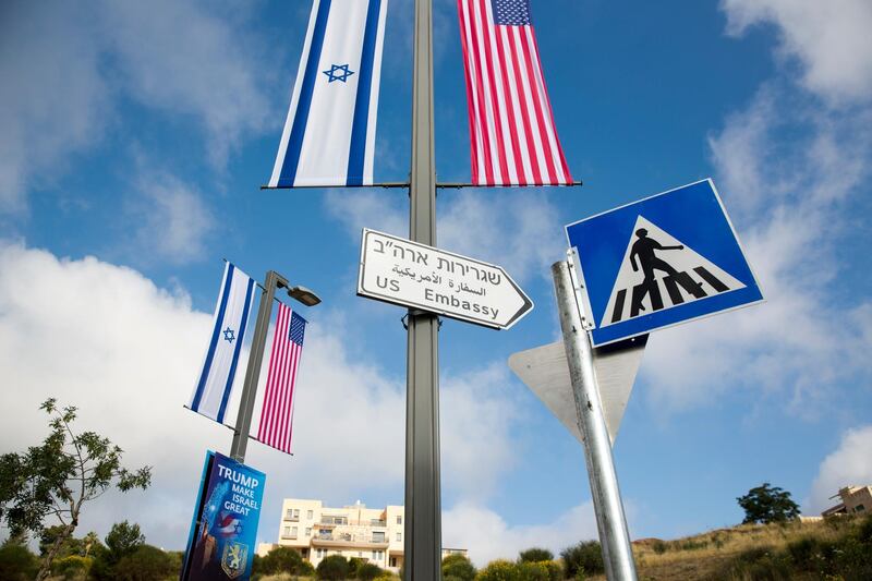 A road sign leading to the US Embassy ahead the official opening in Jerusalem, on May 13, 2018. Ariel Schalit / AP Photo