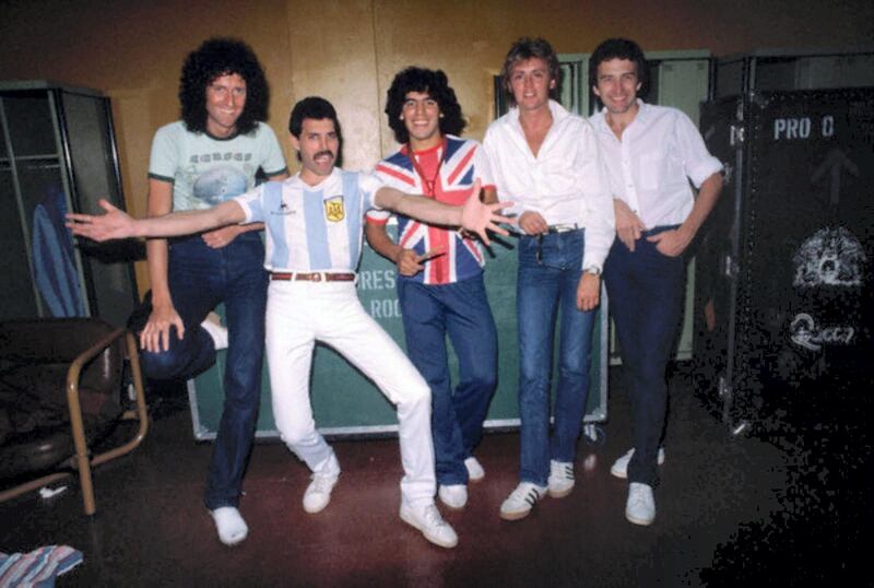 Maradona backstage with Queen on The Game Tour in Buenos Aires, 1982. Wikimedia Commons