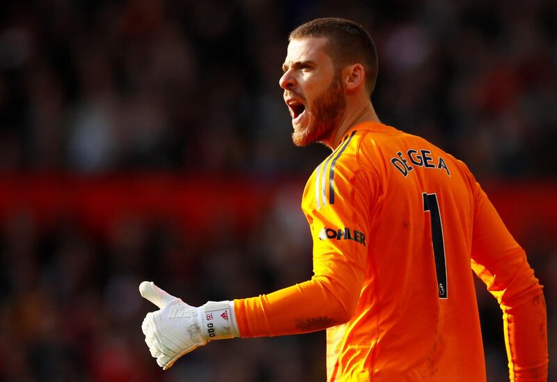 An animated David de Gea in the Manchester United goal. Action Images via Reuters