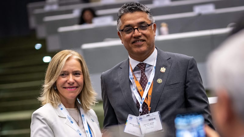 Newly-elected World Meteorological Organisation secretary general, Celeste Saulo, with new president, Abdulla Al Mandous. Photo: AFP