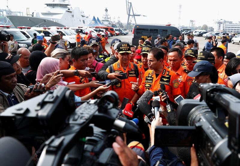 Chief of Indonesia's flight search-and-rescue operations Muhammad Syaugi, speaks to the media at Tanjung Priok port. Reuters
