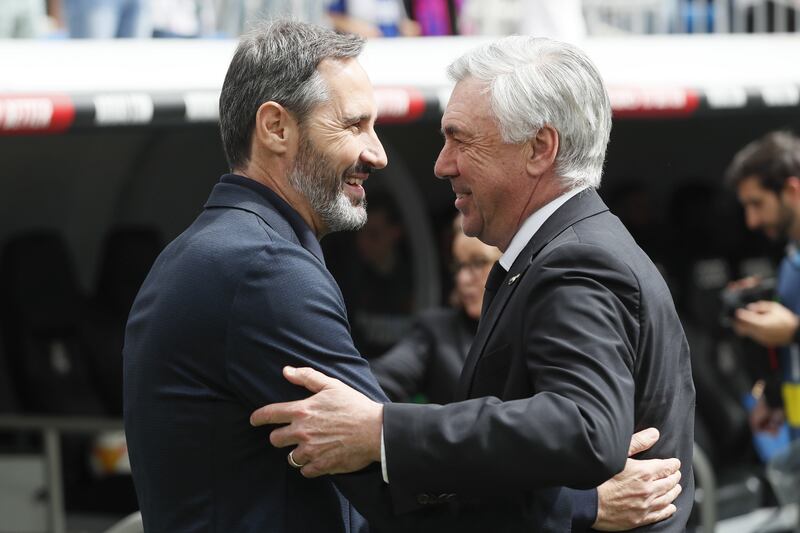 Real Madrid coach Carlo Ancelotti greets Espanyol's Vicente Moren ahead the match. EPA