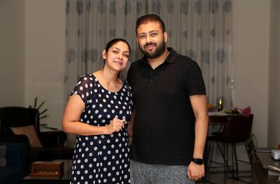 DUBAI, UNITED ARAB EMIRATES , November 18 – 2020 :- Dinesh Ochani with his wife Karishma Vachani at their home in Dubai. (Pawan Singh / The National) For Business. Story by Deepthi