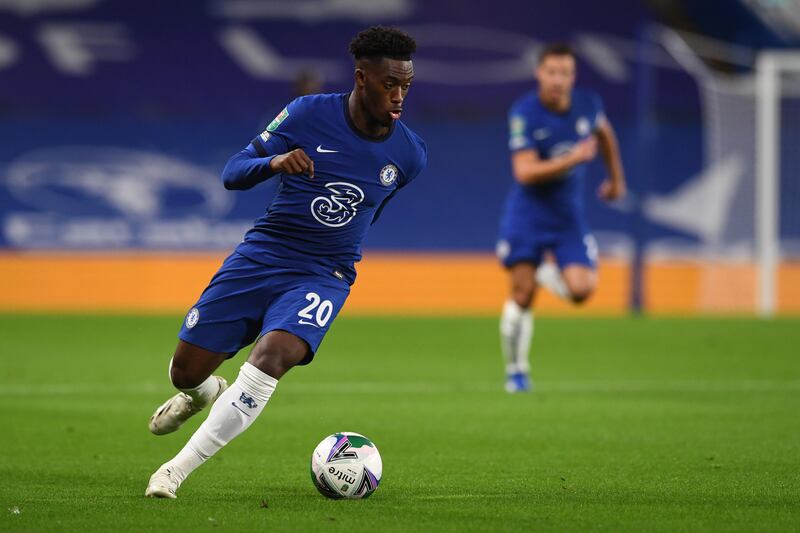 Chelsea's English midfielder Callum Hudson-Odoi runs with the ball during the English League Cup third round football match between Chelsea and Barnsley at Stamford Bridge in London on September 23, 2020. (Photo by NEIL HALL / POOL / AFP) / RESTRICTED TO EDITORIAL USE. No use with unauthorized audio, video, data, fixture lists, club/league logos or 'live' services. Online in-match use limited to 120 images. An additional 40 images may be used in extra time. No video emulation. Social media in-match use limited to 120 images. An additional 40 images may be used in extra time. No use in betting publications, games or single club/league/player publications. / 
