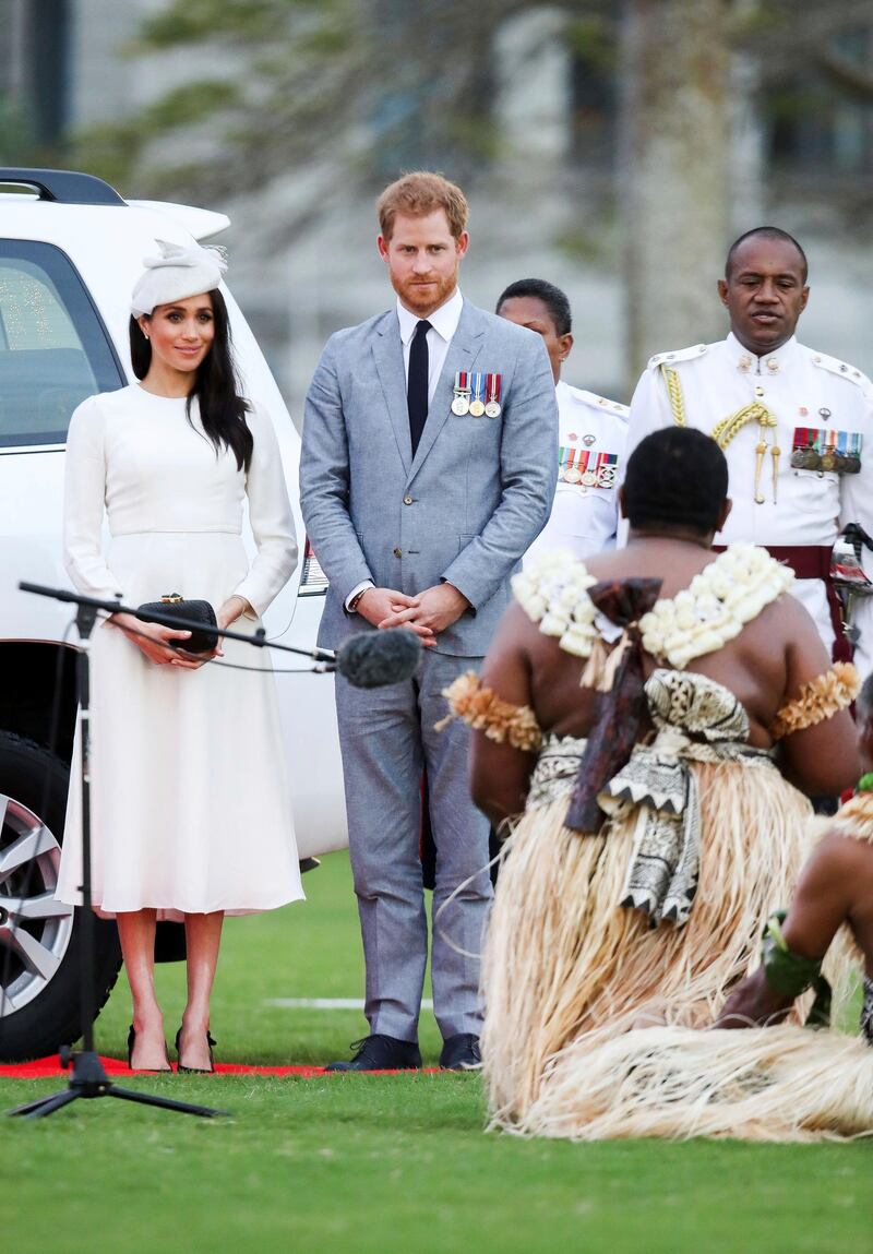 It was a dress by Aussie label Zimmerman and a Stephen Jones hat for the official welcome ceremony in Suva, Fiji, Tuesday, Oct. 23.