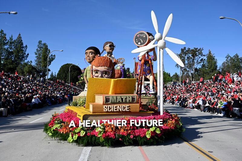 The Kaiser Permanente float makes its way along the parade route at the 133rd Rose Parade in Pasadena, California, on Saturday. A year after New Year's Day passed without a Rose Parade due to the pandemic, the floral spectacle celebrating the arrival of 2022 proceeded at the weekend. AP Photo