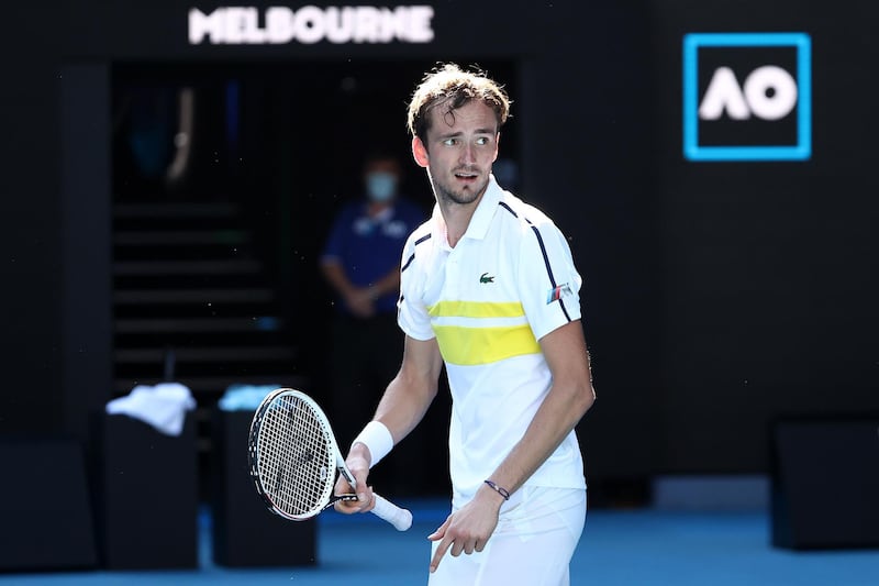 MELBOURNE, AUSTRALIA - FEBRUARY 17: Daniil Medvedev of Russia looks on following victory in his Menâ€™s Singles Quarterfinals match against Andrey Rublev of Russia during day 10 of the 2021 Australian Open at Melbourne Park on February 17, 2021 in Melbourne, Australia. (Photo by Cameron Spencer/Getty Images)
