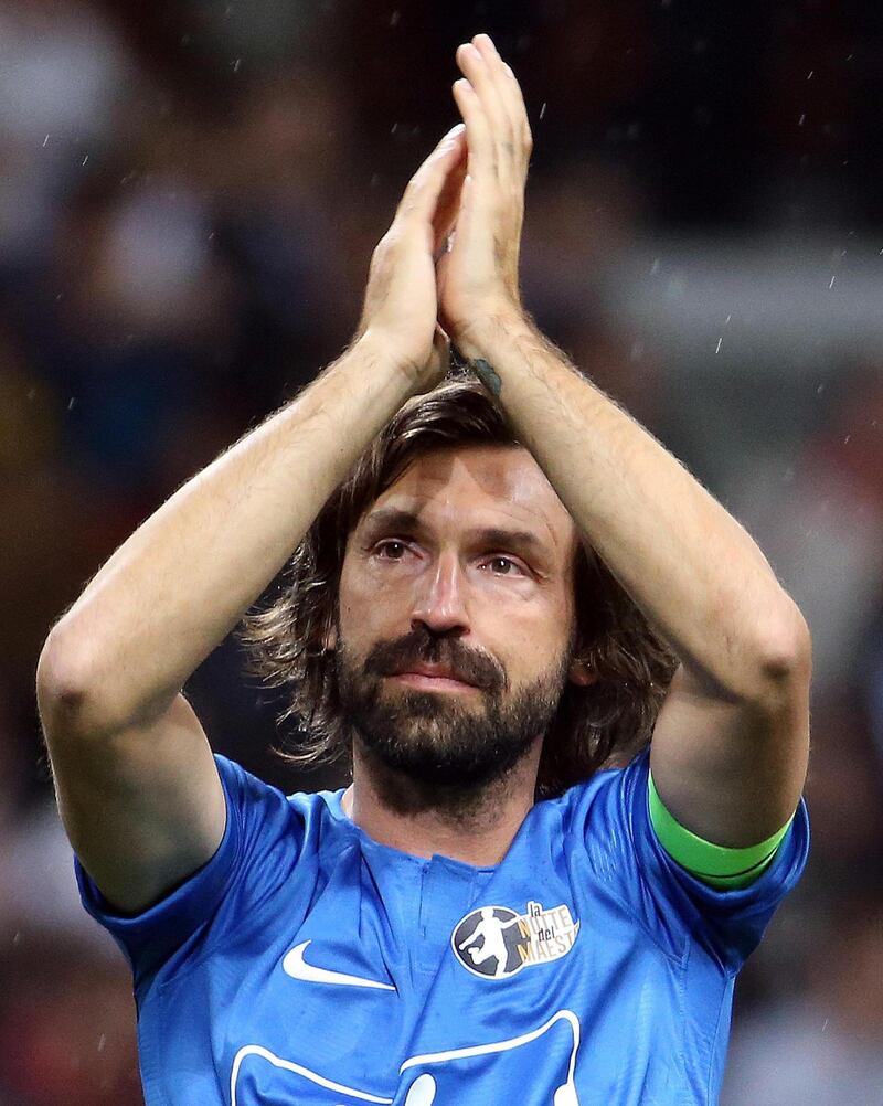 Andrea Pirlo waves to fans during the event  'La Notte del Maestro', the Italian soccer legend's farewell match, at Giuseppe Meazza stadium in Milan in May 2018. EPA